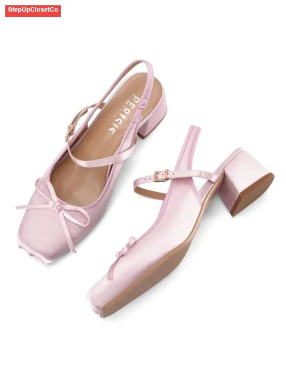 Pink Square Toe Slingback Heels Ballet Chunky Low Block Heel Pumps